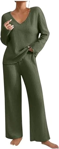 oelaio Clearance of Sales Lounge Sets for Women 2024 Knitted Outfit Long Sleeve V Neck Tops Wide Leg High Waist Trousers Sets Army Green2