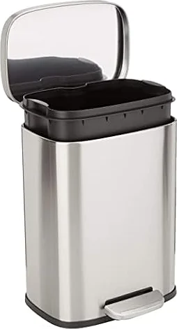 Amazon Basics Smudge Resistant Small Rectangular Trash Can With Soft-Close Foot Pedal, for Bathroom/ Living room, Brushed Stainless Steel,12L/3.1 Gal, Satin Nickel Finish, 28.7cm Lx 25.1cm W x38.4cm H