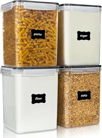 Vtopmart Large Pantry Food Storage Containers, 4 Pcs 5.2L/176oz, Black | Plastic Airtight, For Flour, Cereal, and Pasta, With 4 Measuring Cups and 24 Labels, Kitchen & Pantry Organization