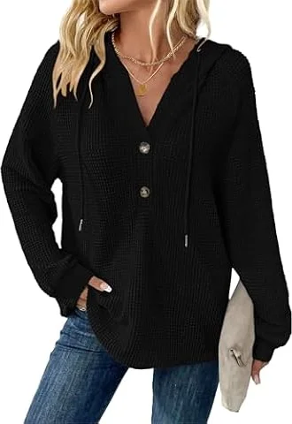 WNEEDU Womens Long Sleeve Tops Waffle Knit Hoodies Sweatshirt Black | 2026 Womens long sleeve hoodies, Loose fall waffle knit sweatshirt, Drawstring button v neck casual soft pullover tops L