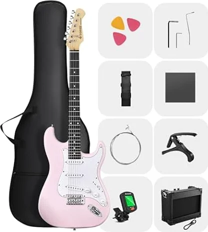 DONNER DST-80 Electric Guitar – 39” Beginner Electric Guitar Kit with Amp, Classic SSS Pickup Complete with Gig Bag, Tuner, Capo, Strap, Picks, and Free Online Lessons