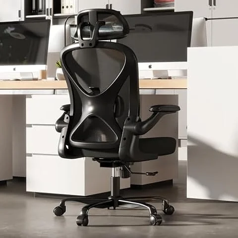 Keratee Ergonomic Mesh Office Chair, Adjustable Lumbar Support, Headrest | Black, Flip-Up Arms, Rolling Wheels, Home Workspace, Computer Desk Use