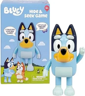Bluey Hide & Seek Game, Hide The Bluey Figure and Press her Nose to Start The Built-in Timer, Bluey Talks and Giggles to Help Kids find her, When Found, Kids can Dance to Bluey's Theme Song