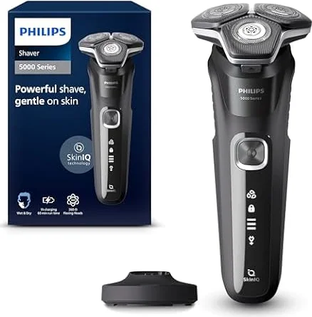Philips Series 5000 Electric Shaver, Deep Black | SkinIQ Comfort, Wet or Dry Use, 45 Self-Sharpening Blades, 60-Min Runtime, Includes Charging Stand, S5898/25