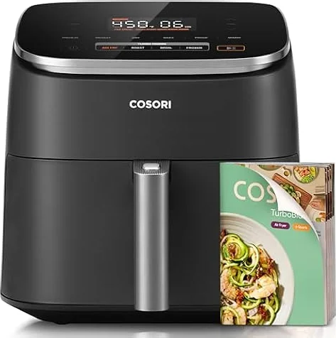 Cosori TurboBlaze Air Fryer, 9-in-1, 6 Qt, PFAS-Free Ceramic Coating | 90°–450°F, 5 Level Fan Speeds, 9 in 1 Air Fry, Roast, Bake, Broil, Dry, Frozen, Proof, Reheat, Keep Warm, Safety lock, 1725W