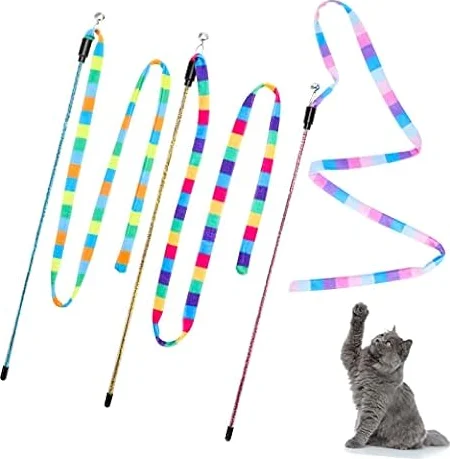 3 Pack Cat Wand Toy, Interactive Cat Rainbow Wand Toys | Interactive Cat Teaser Wand String, Rainbow Cat Teaser Wand String Plush Toy with Bell for Kitten Cat Exerciser Playing