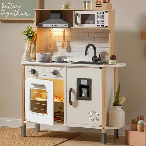Tiny Land Play Kitchen for Kids – Real Lights, Sounds & Adjustable Height | Wooden Chef Pretend Play Set, 18 Pcs Toy Food & Cookware Accessories, Ideal Gift for Toddlers