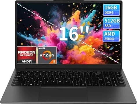 16" Laptop Computer Ryzen 5 3500U Processor, 16GB RAM 512GB PCIe SSD | 4C8T, 2.6 to 3.5GHz, Win11 Pro Traditional Laptops with FHD Screen, Webcam, Backlit Keyboard, Fingerprint Unlock