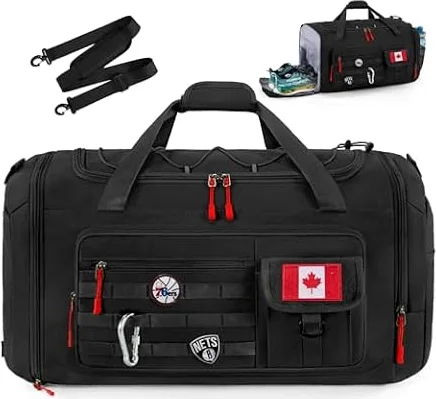 RAINSMORE Gym Bags for Men with Shoe Compartment Large Capacity Duffle Bag | Wet Pocket, Durable Fabric, Multiple Pockets, 3 Ways Carry, Overnight Travel, Sac de Sport for Camping Swimming, 40L Black