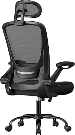 SONGMICS Office Chair, Mesh Swivel Chair, Ergonomic Lumbar and Head Support, Tilt Function, Wide Seat, Foldable Armrests, for Office Bedroom, Ink Black UOBN047B01