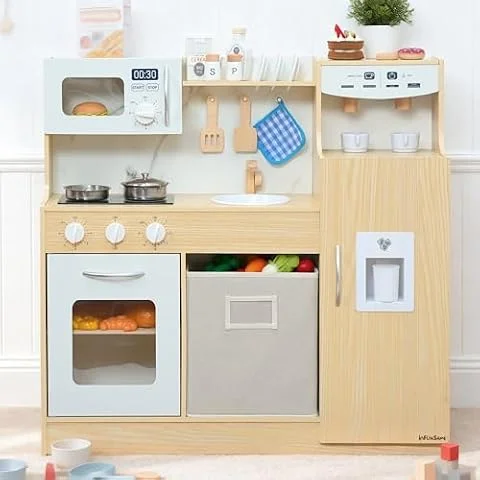 inFUNSAME Wooden Play Kitchen for Kids with Storage Box & 18 Accessories | With Fridge, Ice Maker, Oven, Coffee Maker & Microwave, Compact Kitchen Gift Set for Ages 3+, Ideal for Small Spaces