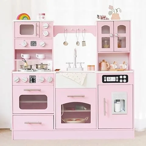Wooden Play Kitchen for Kids with Lights & Sounds, Kids Kitchen Playset | Large Kitchen Set for Kids with Ice Maker, Stove, Sink, Oven & 12 Accessories, Pretend Cooking Toy for Girls Ages 3-8, Pink