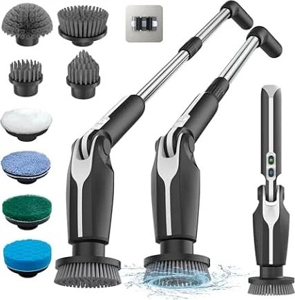 Leebein Electric Spin Scrubber, Shower Scrubber with 4 Adjustable Angles and 8 Brush Heads, Electric Scrubber with Long Handle & Remote Controller, Cleaning Brush for Bathroom, Tub, Floor (Black)
