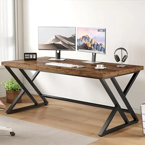 LVB Rustic Wood Computer Desk, Metal Home Executive Office Desk, Industrial Large Gaming Writing Desk, Wooden Student Study Computer Table for Bedroom Living Room, Rustic Brown, 60 Inch