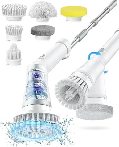 Lichffy Electric Spin Scrubber, 47" Extendable Long Handle Cordless Power Scrubber – IPX7 Waterproof 2-Speed 480RPM, 6 Replaceable Brush Heads for Shower Floor, Tub, Tile, Sink, White-gl