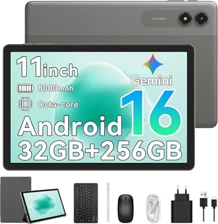 Tablet, 11 Inch FHD Android 16 Tablet with Gemini AI, 32GB RAM 256GB ROM | Tablet with Keyboard, T7250 CPU + 13MP Camera, 8000mAh, Widevine L1, 2TB Storage，4-Year Warranty, for Work , Study & Home Fun