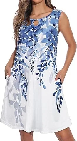 Summer Dresses for Women Sleeveless Sundress with Pocket, White Leaves,M