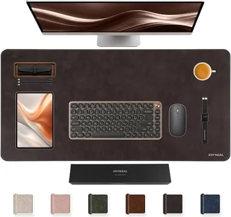Leather Desk Mat, PU Office Desk Pad, Non-Slip, Gift Box, 90x45cm | Premium Litchi Grain PU Leather Desk Mat with Gift Box, Stitched Edge, Silver Foil Logo, Diamond Anti-Slip Backing