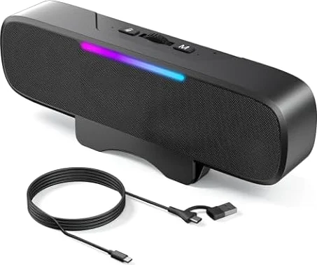 OHAYO Computer Speakers for Desktop PC, USB Plug-in with G-Sensor/16W/BT5.3 | RGB Light, Volume Knob, Wireless Monitor Speaker for Laptop with Deep Bass & Mic, Easy Clip-on Design, USB-C Adapter (Black)