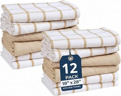 Dish Towels 12 Pack, 18x28" Cotton Kitchen Towels, Tea Towel - Beige | Kitchen towels, cotton plaid, stripe and waffle tea towels, kitchen hand towels, 18x28" (45x71cm), 12 per pack, washable