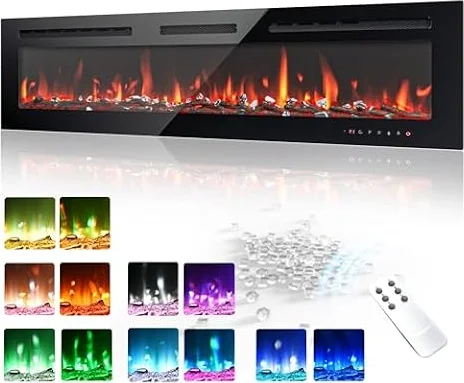 EUHOMY 60 Inch Electric Fireplace Wall Recessed and Wall Mounted with Adjustable Flame Color, Fireplace Heater with Remote Control, Linear Fireplace with Timer, Touch Screen, Log & Crystal, 750/1500W