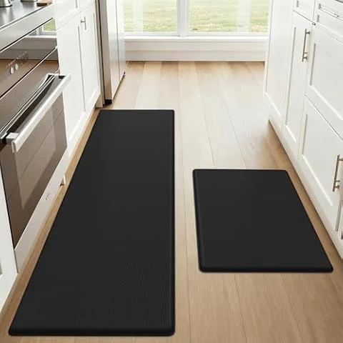 OLANLY Anti Fatigue Kitchen Mats for Floor, Non-Slip Kitchen Rugs Set of 2 | Washable Kitchen Mats, 17.3x59+17.3x30, Comfort Waterproof Standing Mats for Kitchen, Laundry Room, Office, Black