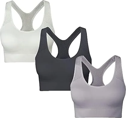 SEGRILA Women’s Sports Bra Padded Racerback Workout Yoga Bras with Mesh Straps,Black+White+Grey,S