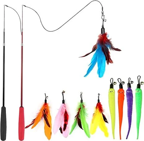 Huidcom Cat Feather Toy Retractable Cat Toys Wand with 2 Wands & 9 Assorted Teaser Refills Interactive Feather Teaser Wand Toy with Bell for Kitten Or Cat Having Fun Exerciser Playing