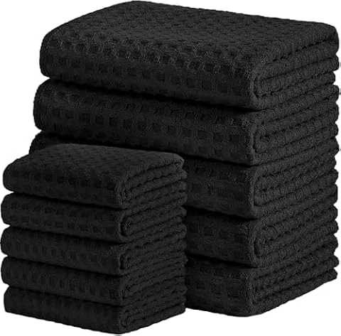 Waffle Weave Kitchen Towels and Dishcloths Set, 26 X 18 Inch and 12 X 12 Inch, Set of 10 Black Lint Free Dish Towels for Drying Dishes (Black, Kitchen Towel Set)