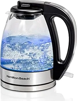 Hamilton Beach Glass Electric Kettle, 1 L, 1500W Fast Boiling Water Boiler, Cordless, Soft Blue LED Light, Auto Shutoff & Boil-Dry Protection, BPA-Free, Compact Size (40930JC)