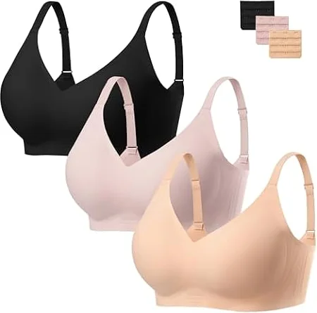 habibee Wireless Jelly Bra for Women Comfort Seamless Full Coverage Bras | No Underwire, 3 Pack Everyday Bralettes, V Neck, T-Shirt, Back Smoothing, Comfortable Brassiere, Soft Gel, Push Up, Sport