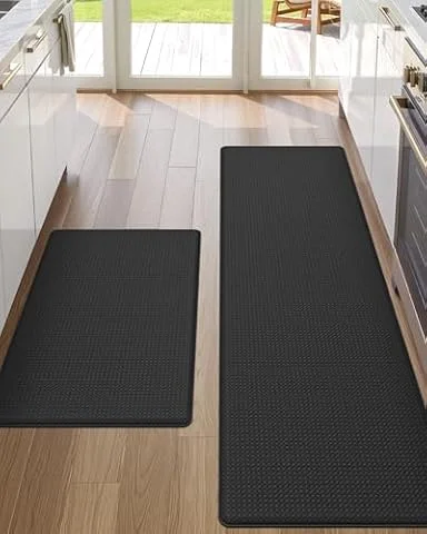 DEXI Anti Fatigue Kitchen Mats for Floor, Non Slip Runner Rugs Set of 2 | Black PVC Cushioned Memory Foam Pad, 17x29+17x59, Comfort Standing Desk for Sink, Laundry Room, Office, Workbench