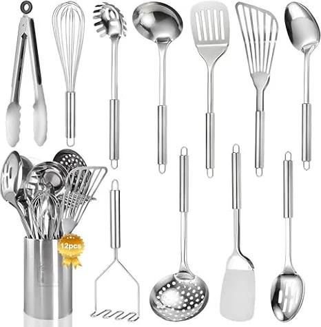 Stainless Steel Kitchen Utensils Set - 12pcs Cooking Utensil Set with Holder, Heat Resistant Metal Spatula Sets for Cooking, Stainless Steel Utensils Set with Turner Potato Masher Spoon Tong Whisk