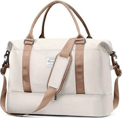 Travel Duffel Bag Sports Gym Tote Bag for Women, Carry on Luggage Bag for Airplanes, Lightweight Weekender Overnight Shoulder Bag Waterproof Beach Hospital Bag with Shoes Compartment,A01-Beige Brown