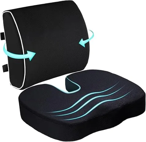 Seat Cushion and Lumbar Support Pillow for Office Chair-Gel Infused,Coccyx Orthopedic Car Seat Cushion Memory Foam Back Support Cushion for Lower Back,Tailbone & Sciatica（Black）