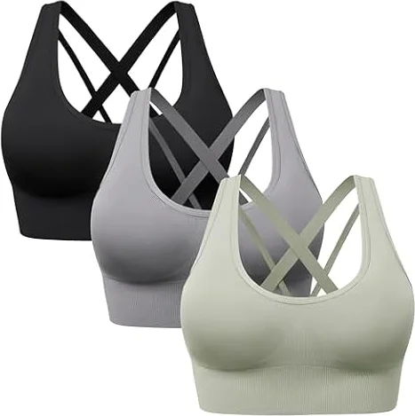 HBselect Strappy Sports Bras for Women 3 Pack Padded Wireless Sports Bra | Seamless Workout Running Bras, Everyday Comfort, Medium Support, Yoga Bra, Racerback Bra, Sports Bra Pack, Removable Pads
