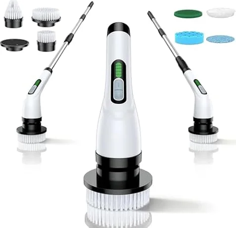 Electric Spin Scrubber for Bathroom: Shower Cleaner Brush with Long Handle | Dual Speed Power Cordless Cleaning Scrub | 7 Brush Heads IPX7 Waterproof Cleaner Tools for Bath Tub Tile Grout Wall Floor