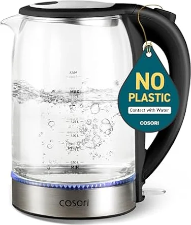 Cosori Glass Electric Kettle 1500W, Plastic-Free, 1.7L, Cordless, Black | Fast Boiling for Tea and Coffee, Auto Shut-Off, Boil-Dry Protection, No Plastic Contact with Water, Easy-Clean Wide Opening