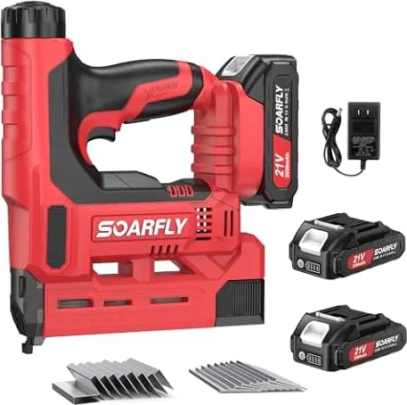 Nail Gun Battery Powered, 18 Gauge 2-in-1 Cordless Brad Nailer Stapler (Includes 2 × 2.0Ah Battery), Charger, 1500 Staples and Nails, Electric Staple Gun for Carpentry and Upholstery