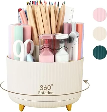 SKYDUE 360 Degree Rotating Desk Organizer, Beige | Dual-Purpose Pencil Pen Holder, Rotating Desk Pen Organizer with 5 Slots, Pencil Cup for Office, School, Home