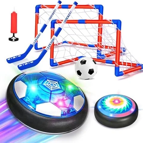 3 In 1 Hover Soccer Ball Hockey Set Birthday Gift for 3 4 5 6 Year Old Boys | Indoor Toy Games, Air-Powered Floating Soccer with LED Light and Soft Foam Bumper,Boy Toys Age 3 4 5 6 7 8+, Kids Sport Toy