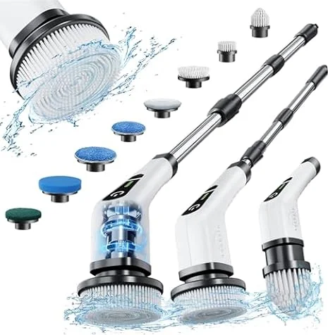 Leebein Electric Spin Scrubber, Cordless Cleaning Brush with 8 Replaceable Brush Heads, Tub and Floor Tile Power Scrubber Dual Speed with Adjustable & Detachable Handle for Bathroom Cleaning