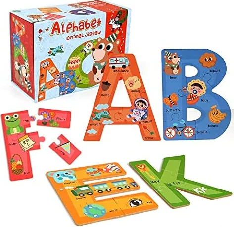 SYNARRY Wooden Puzzles for Kids Ages 3-5, ABC Learning for Toddlers Ages 3+, Sight Words Letter Puzzles Montessori Toys Educational for Preschool Boys Girls