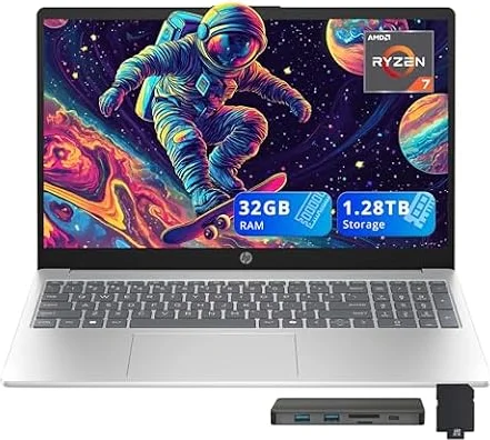 HP 15.6" FHD IPS Business Laptop, AMD Ryzen 7 5825U, AMD Radeon Graphics, 32GB RAM, 1.28TB Storage (1TB SSD+288GB Docking Station Set), Numeric Keypad, HD Camera, Wi-Fi 6, Windows 11, Silver