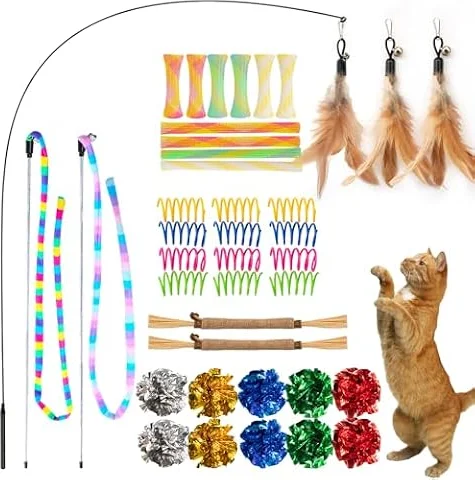 SHIPPOU 40-Pack Cat Toys for Indoor Cats & Kittens, Interactive Cat Toy | Kitten Toys for Indoor Kittens Set: Crinkle Balls, Springs, Feather Wand & Silvervine - Ideal for Boredom Relief & Self Play