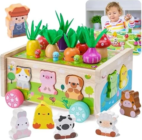 Toddler Montessori Wooden Farm Toys for 1 2 3 Year Old Babies Boys Girls | 12-18 Months Toy with Game Map | 1st First Birthday Gifts for 1-2 Years | Wood Learning Educational Toys Fine Motor Skills