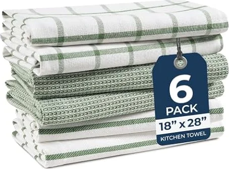 Tea Towels 6 Pack, 18x28" Cotton Dish Towels, Kitchen Towel - Olive | Kitchen towels, cotton plaid, stripe and waffle tea towels, kitchen hand towels, 18x28" (45x71cm), 6 per pack, hanging loop