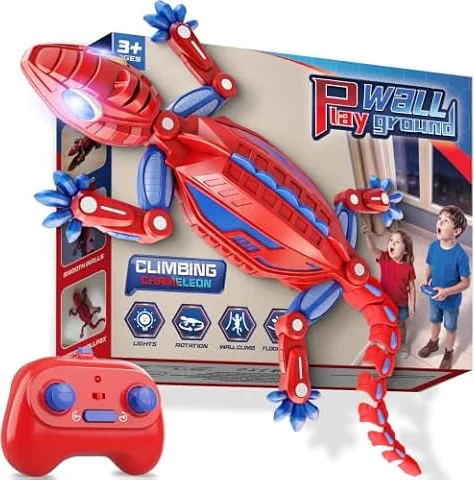 Wall Climbing Gecko Toy Birthday Gift for Boy Age 4 5 6 7 8 9 10+ Year Old | Rechargeable RC Gecko Lizard Rush Cat Toys for Kids Boy Girl 3-14, Cool Prank Toys, Rotation & Strong Suction with Light(Red)