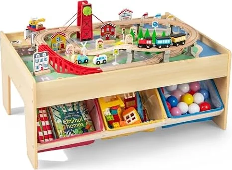 INFANS Train Table, 80 Pieces Wooden Kids Activity Toy Table Playset with Reversible Detachable Tabletop, Tracks, Train, Railway, City, Gift for Toddler Boys Girls Ages 3+ (36’’ x 25’’ x 16’’)