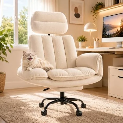 HOMRELEXA Cross Legged Office Chair with Footrest, 0°-90° Flip Armrests | Big and Tall Ergonomic Executive Desk Chair, Teddy Velvet, Wide Seat, Comfy Reclining Swivel Computer Chair, White